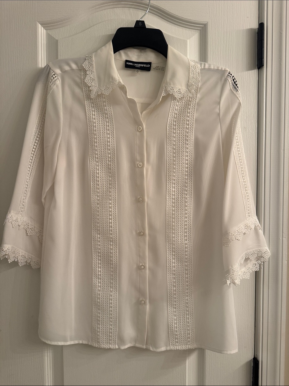 Karl Lagerfeld White Lace-Trim Button-Down Shirt